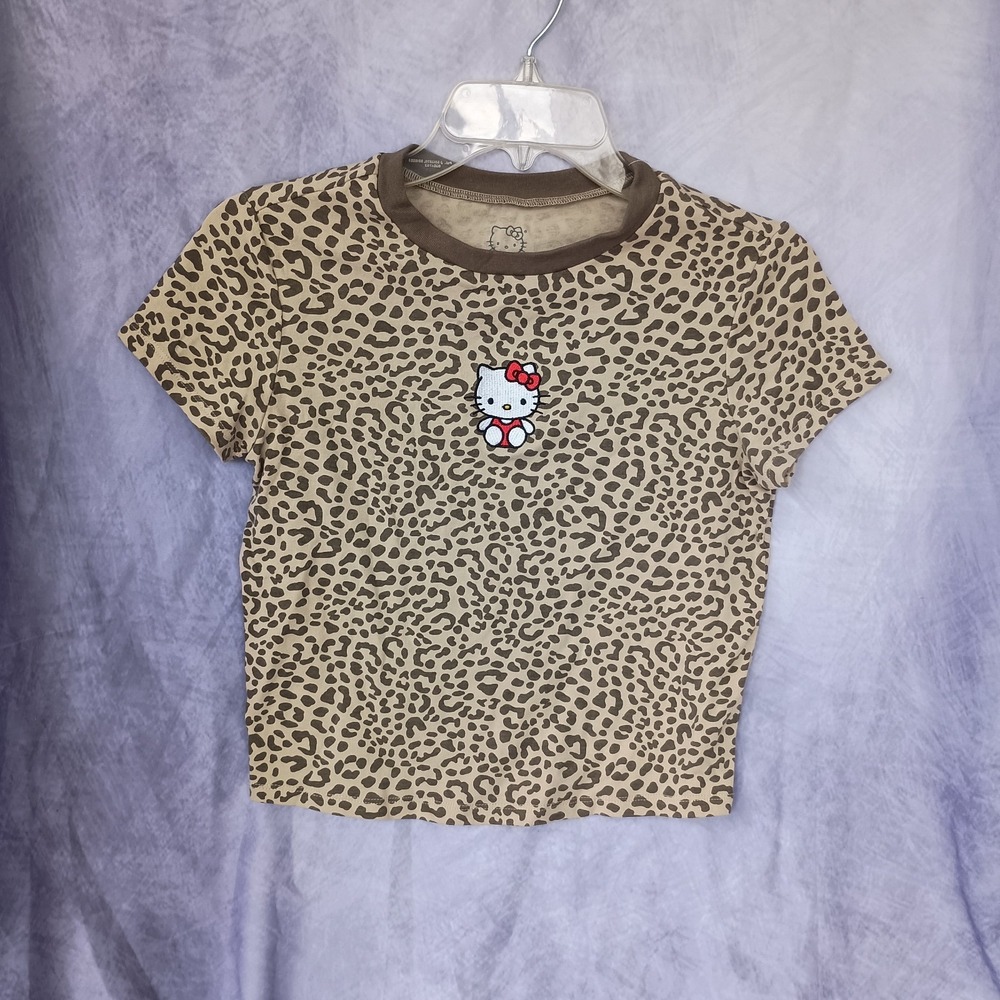 Hello Kitty Leopard Print‎ Baby Tee Sanrio Y2K Fitted Ringer Top